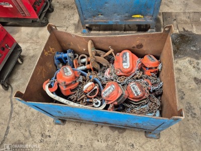 Qty 2t, 1.5t & 1t Chain Hoists and Grider Skates, Lifting Eyes, c/w Steel Stillage