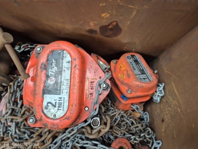 Qty 2t, 1.5t & 1t Chain Hoists and Grider Skates, Lifting Eyes, c/w Steel Stillage - 3